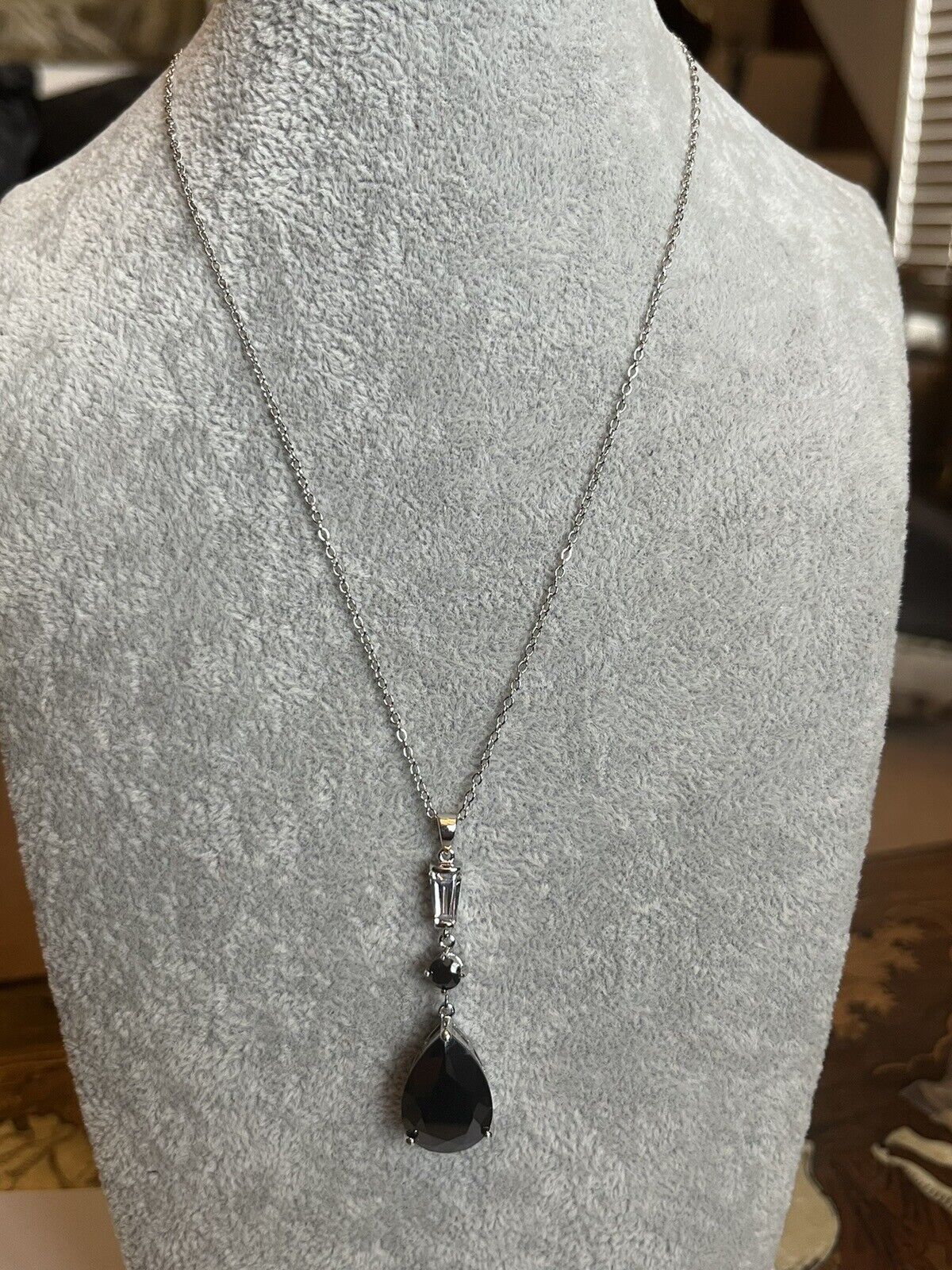 Vintage 1980s Rhodium Plated Black Clear Crystal Teardrop Necklace New Old Stock