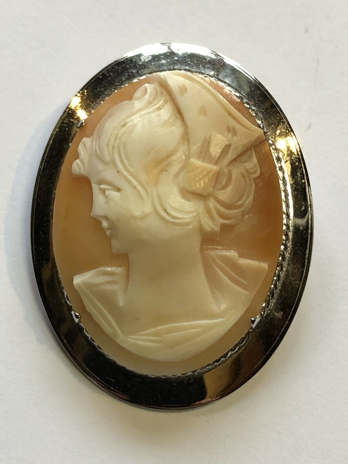 Vintage Silver Shell Carved Cameo Brooch Stamped
