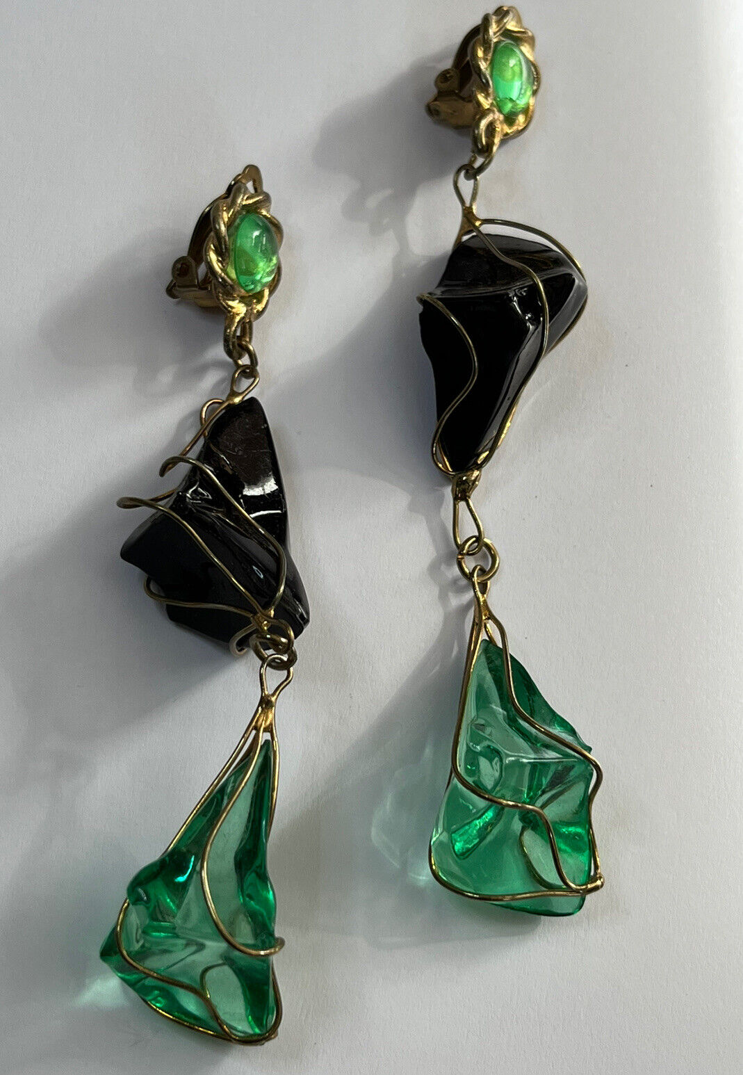 Vintage 1980s Black Green Acrylic Long Length Statement Earrings