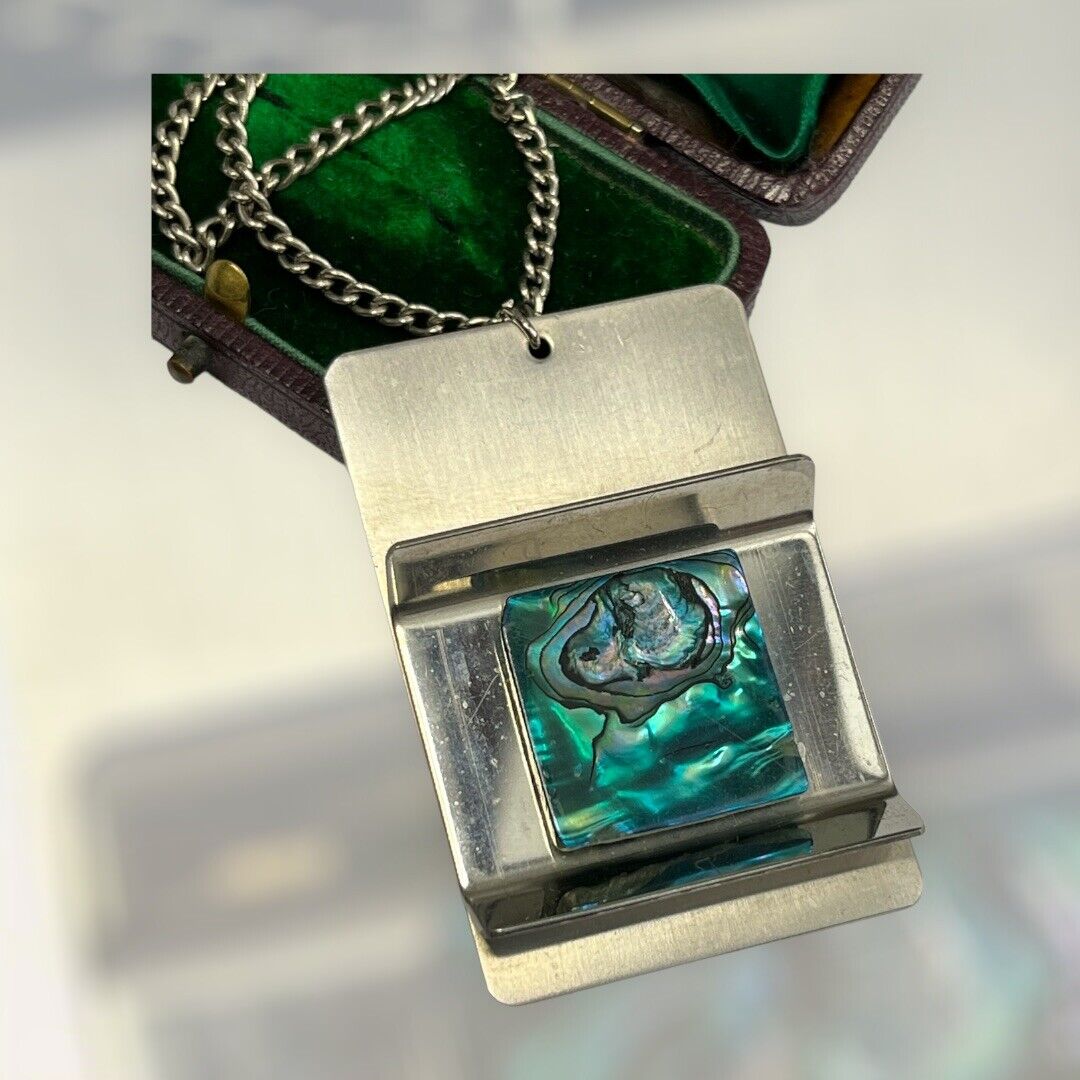 Vintage Silver Tone Geometric Paua Shell Abalone Statement Pendant Necklace