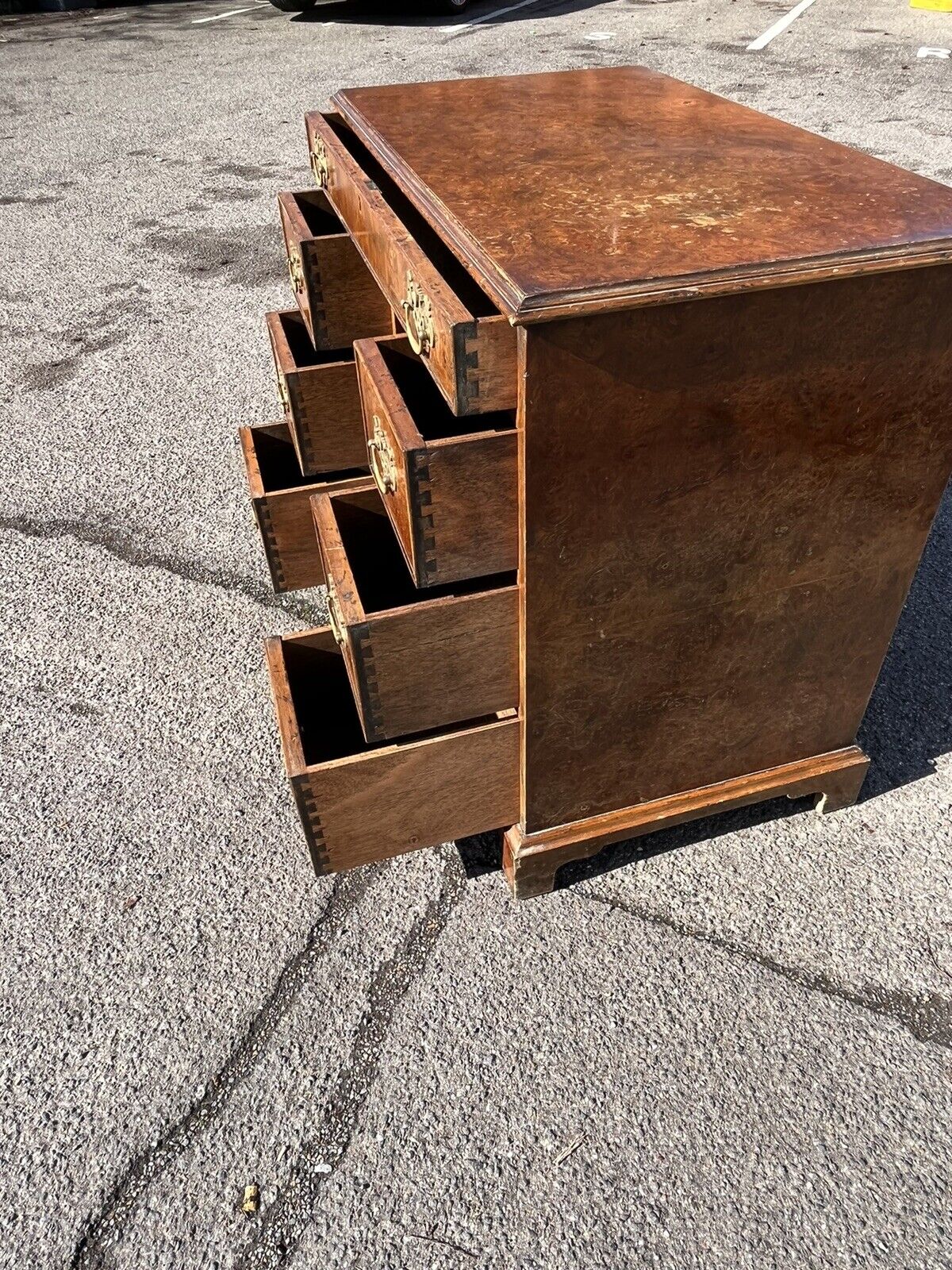 Burr Walnut Kneehole Desk. With Brass Handles And On Bracket Feet