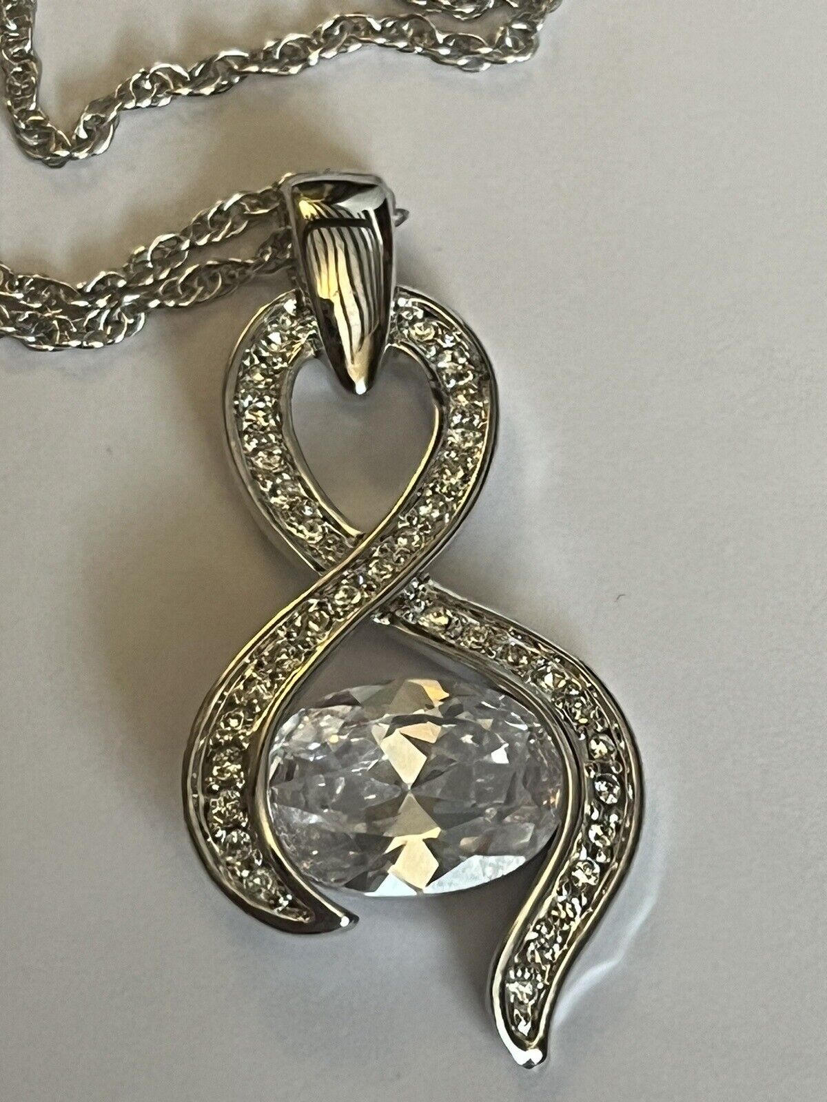 Vintage 1980s Rhodium Plated Solitaire Crystal Necklace New Old Stock