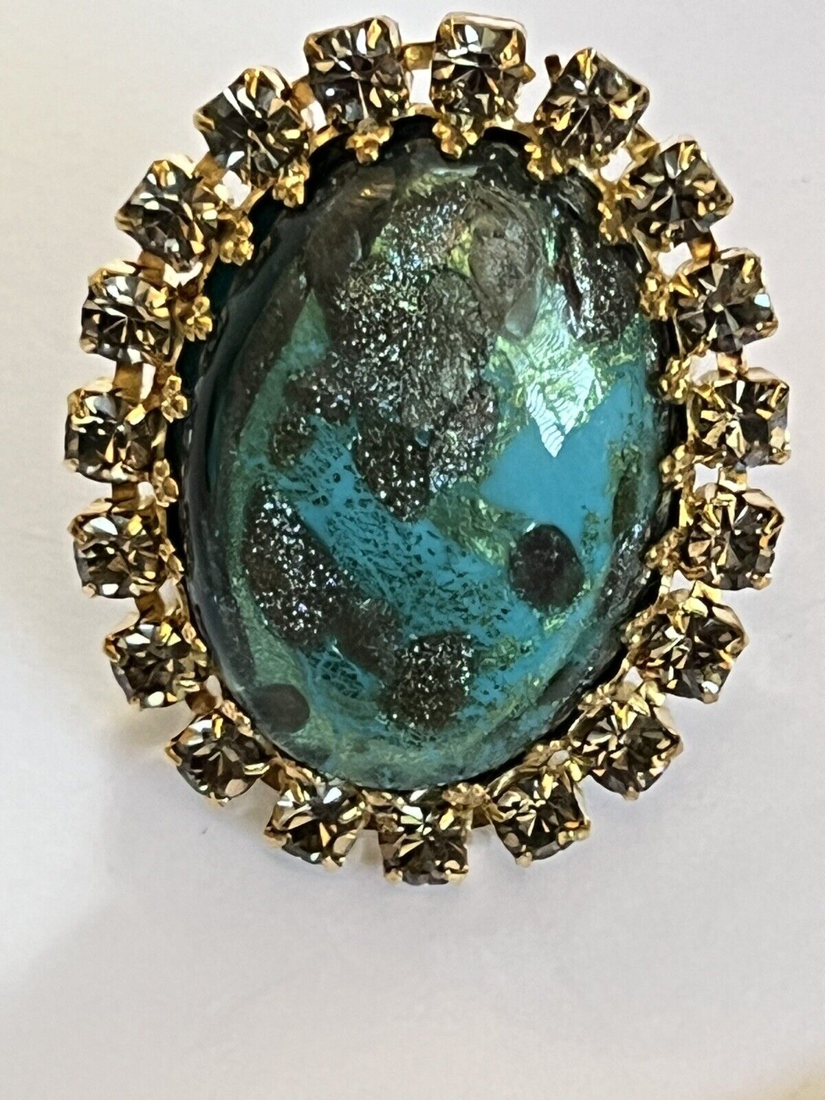 Vintage Gold Plated Turquoise Gold Murano Glass Statement Adjustable Ring