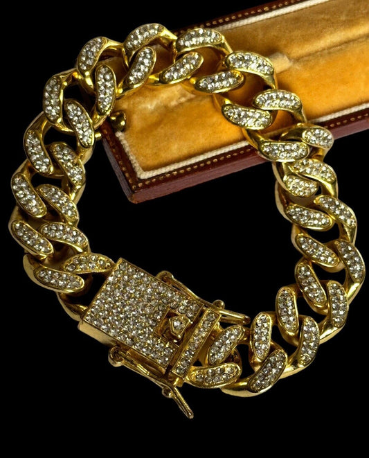 Vintage 1980s Gold Plated Diamanté Link Substantial Bracelet With Safety Catches