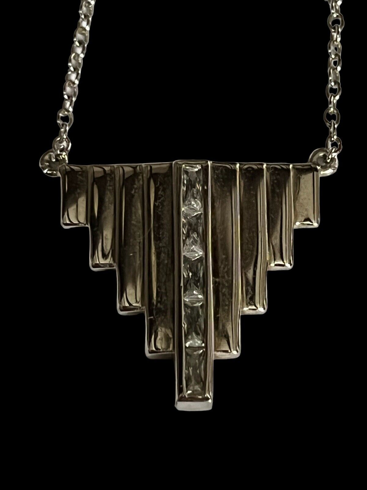 Vintage Silver Tone Diamanté Deco Style Necklace