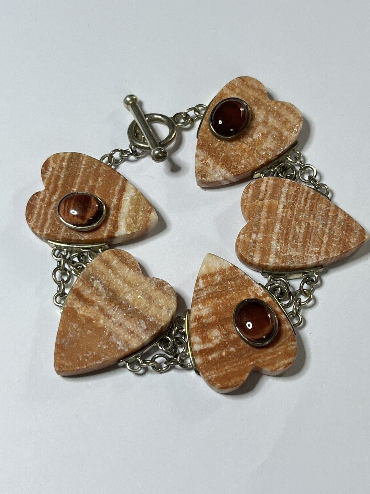 Vintage Silver 925 Natural Stone Hearts Bracelet