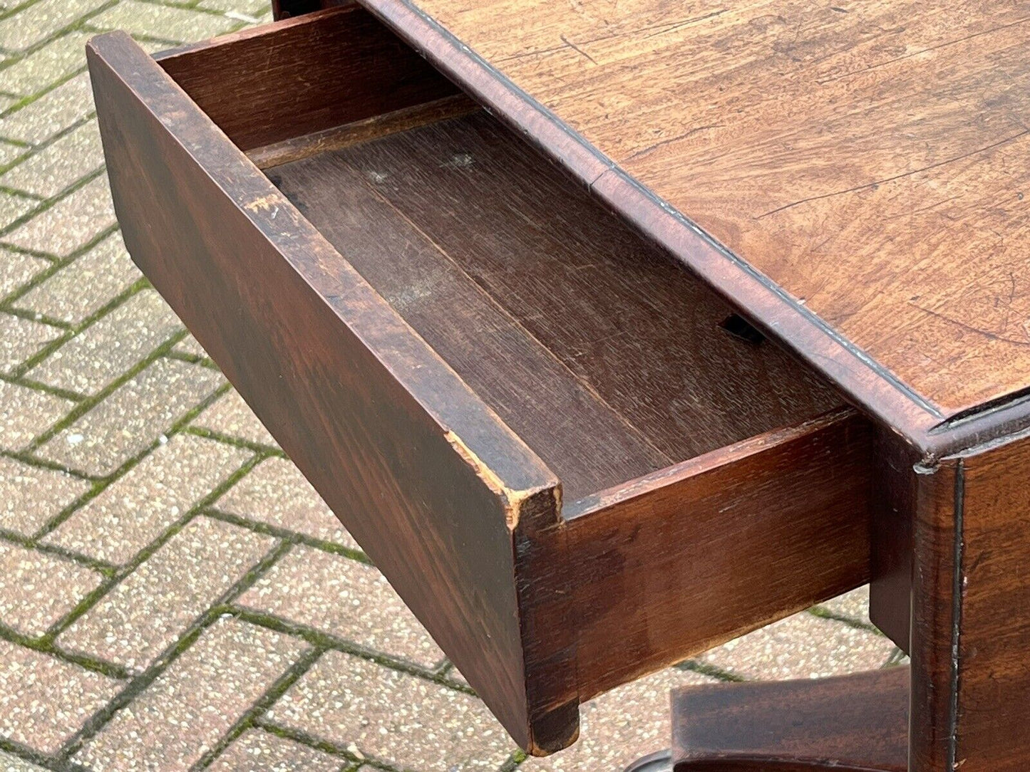 Antique Regency Mahogany Lamp / Sofa Table, Fold Down Flaps, Drawer.