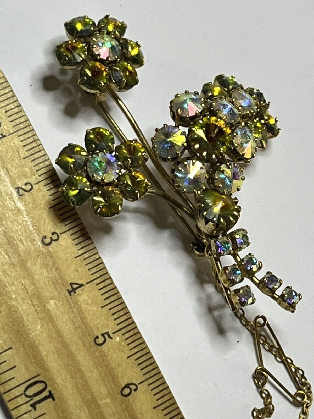 Vintage Aurora Borealis Flower Spray Brooch Safety Chain