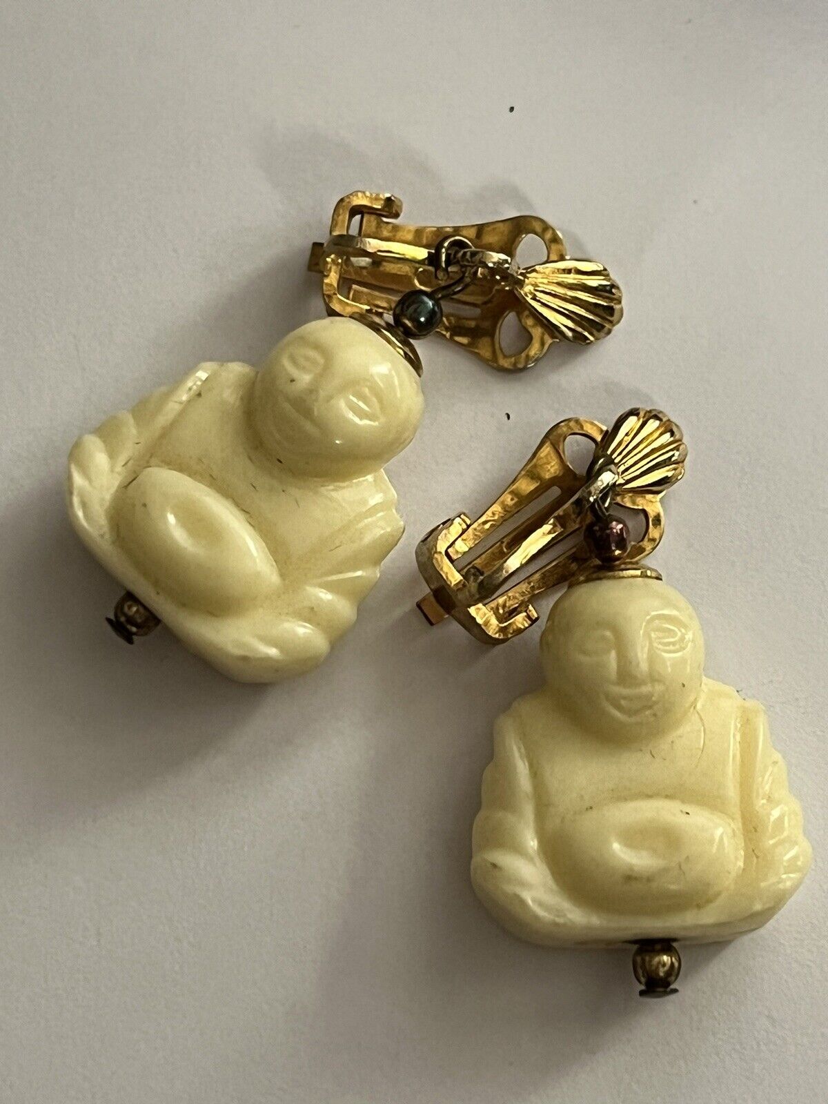 Vintage Celluloid Happy Buddha Clip on Earrings
