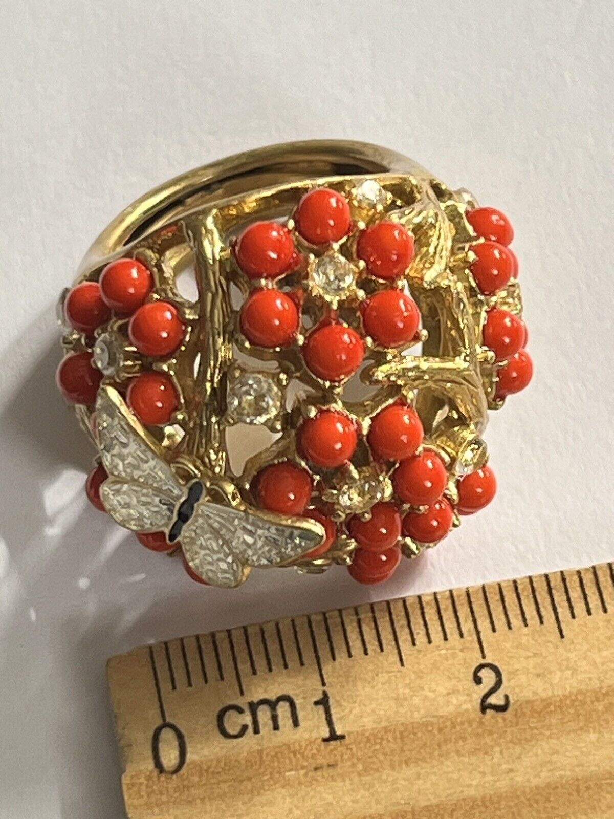 Vintage Gold Tone Orange Bead Diamanté Butterfly Statement Ring