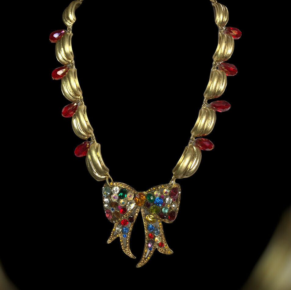 Vintage Runway Statement Multicoloured Bow Diamanté Necklace