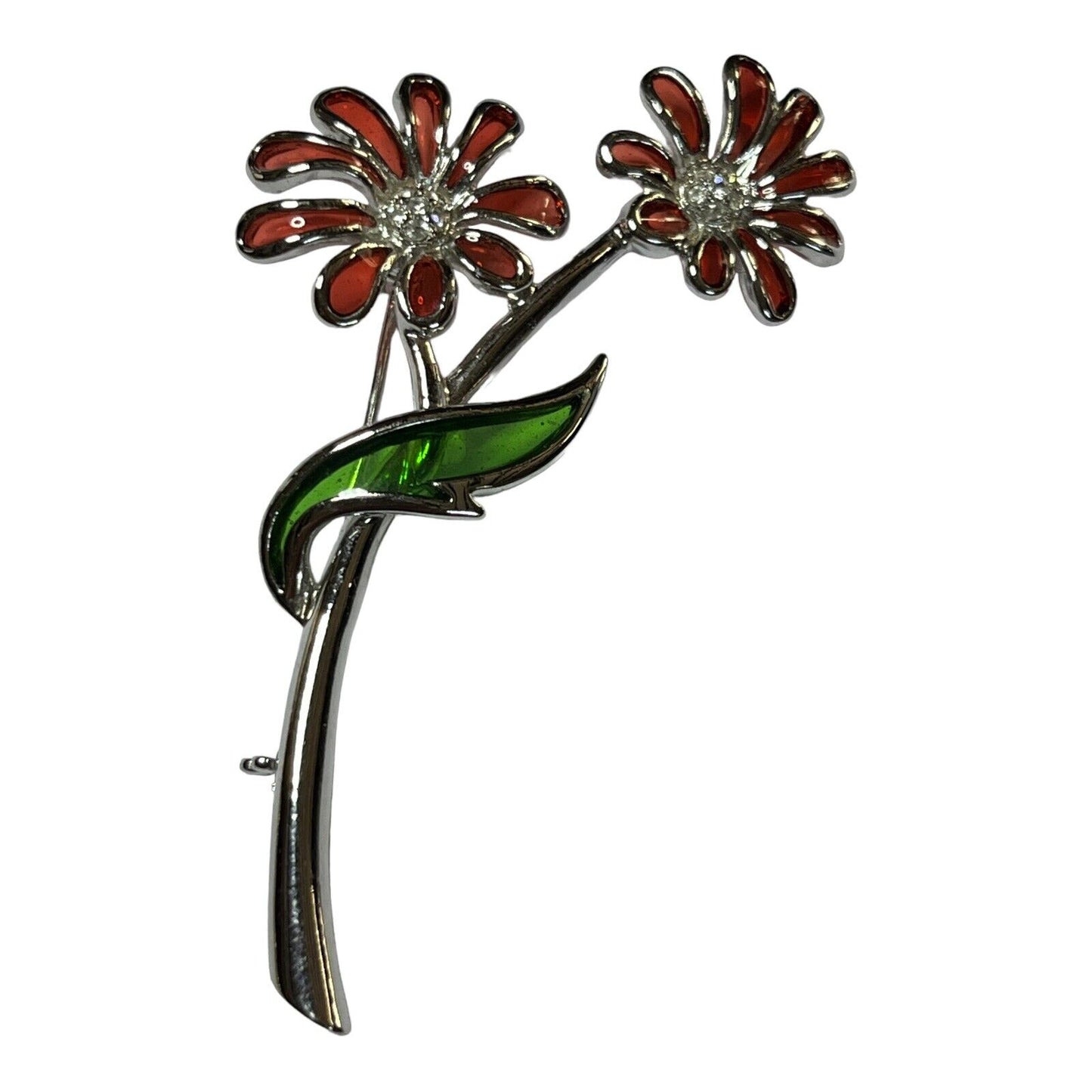 Vintage Silver Tone Plaque A Jour Red Flowers Brooch