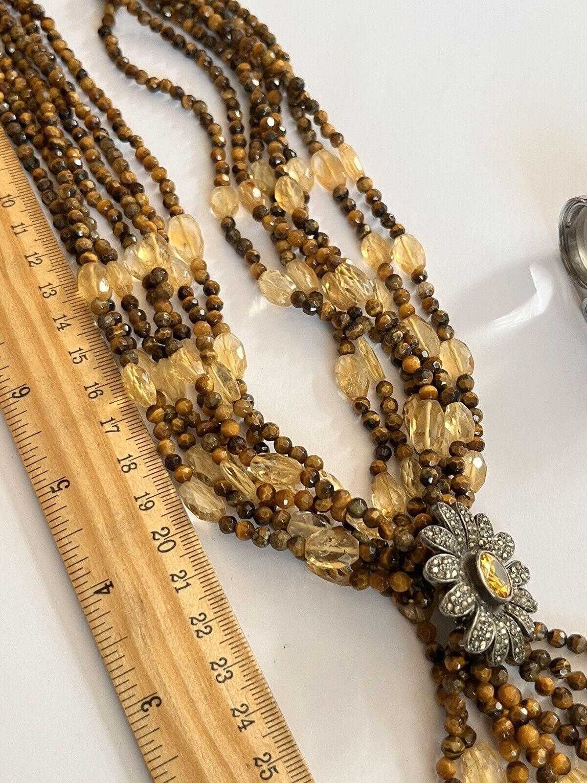 Vintage Statement Silver 925 Citrine Tigers Eye Drop Faceted Bead Necklace