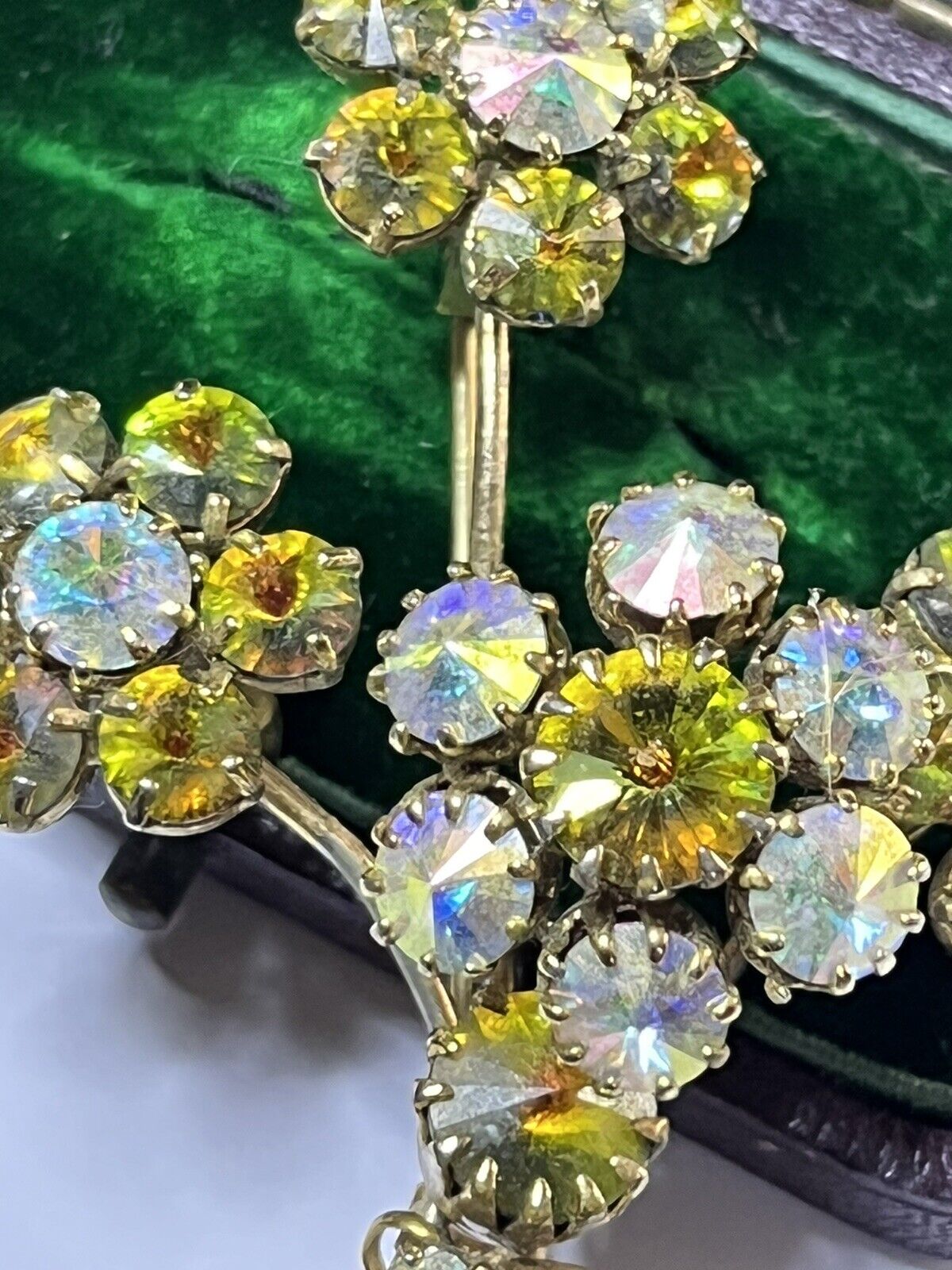 Vintage Aurora Borealis Flower Spray Brooch Safety Chain