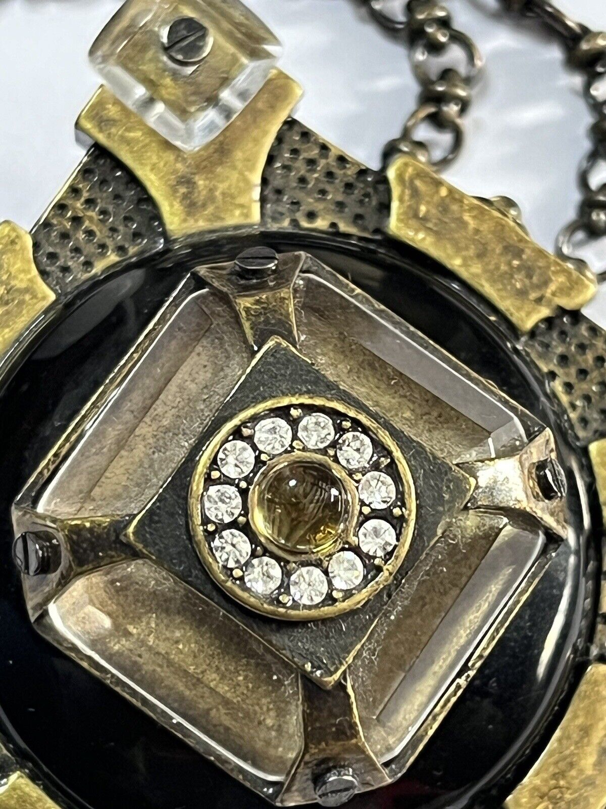 Vintage Statement Unique Metal Glass Brutalist Long Length Pendant Necklace