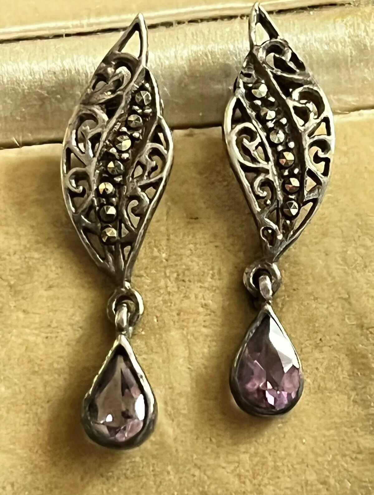 Vintage Silver 925 Cutout Marcasite Amethyst Earrings