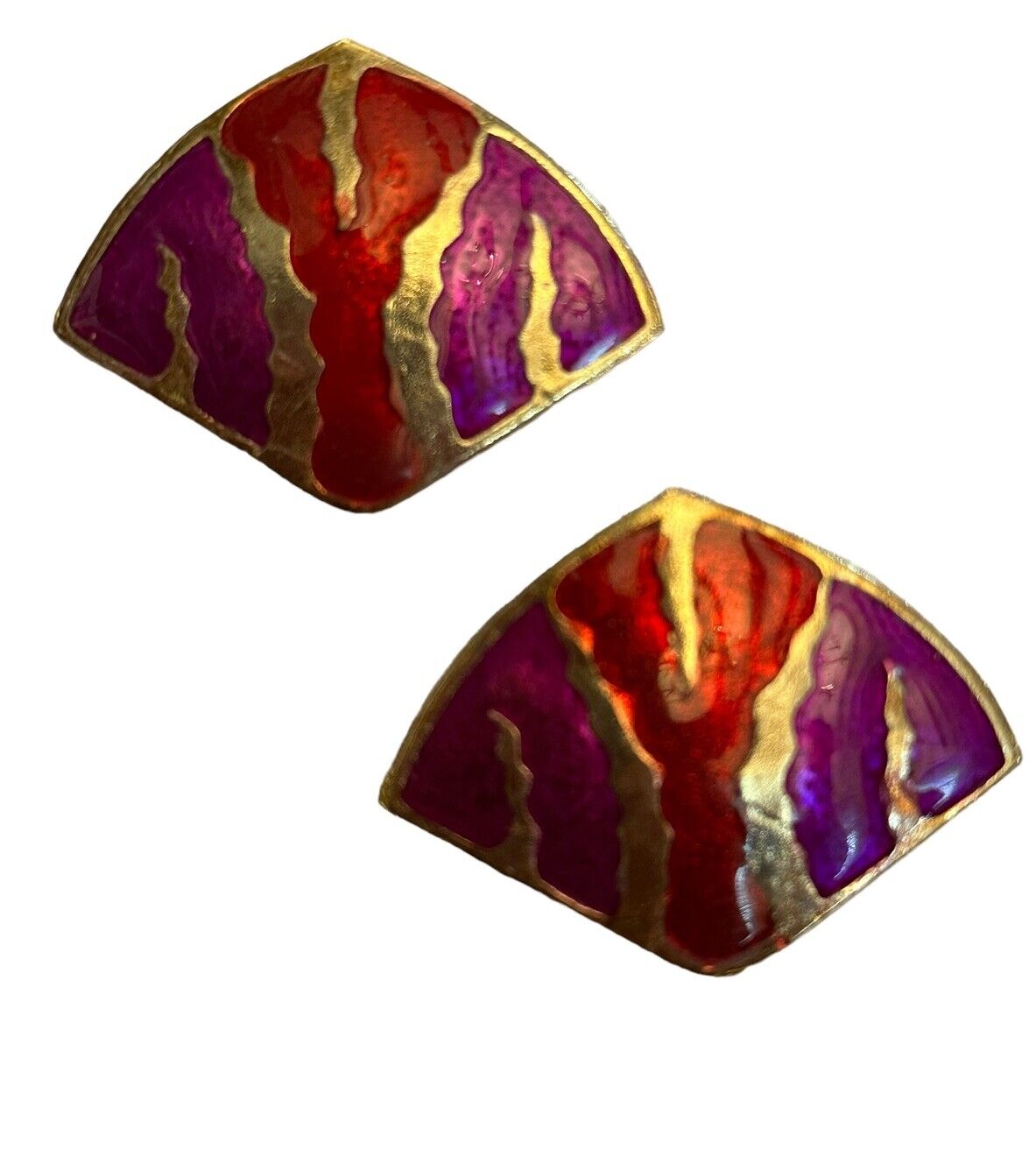 Vintage Gold Tone Red Pink Enamel Statement Earrings