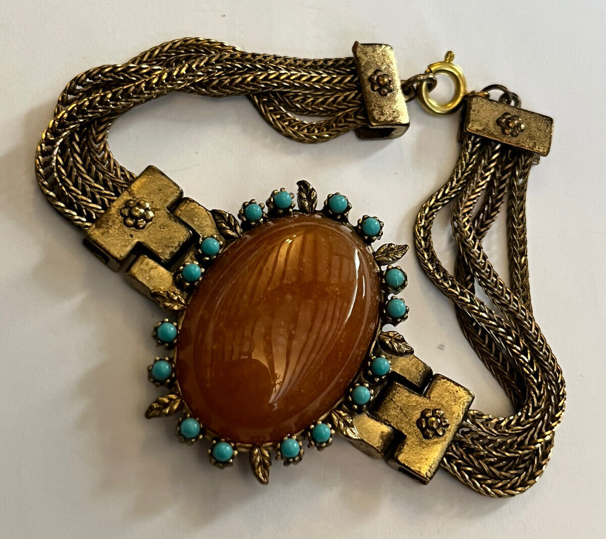 Vintage Gold Tone Orange Stone Faux Turquoise Statement Bracelet