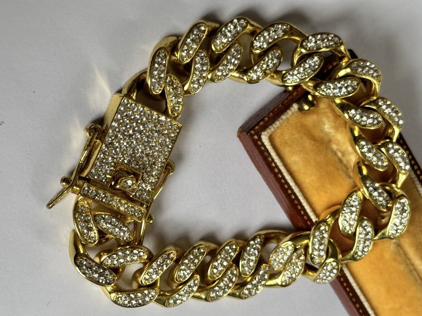 Vintage 1980s Gold Plated Diamanté Link Substantial Bracelet With Safety Catches