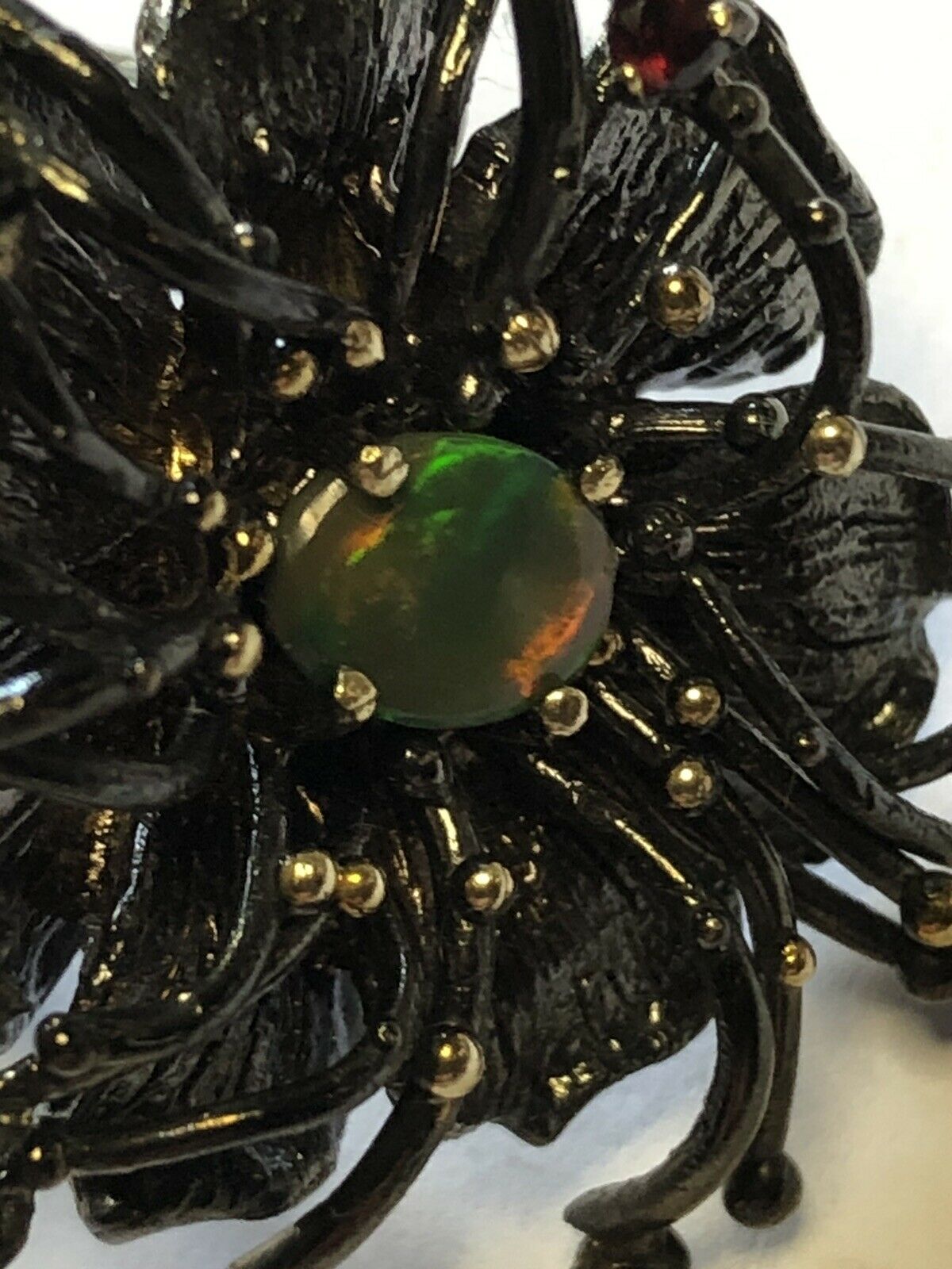 Vintage Gunmetal Silver 925 CZ and Black Opal Detailed Flower Ring Size N
