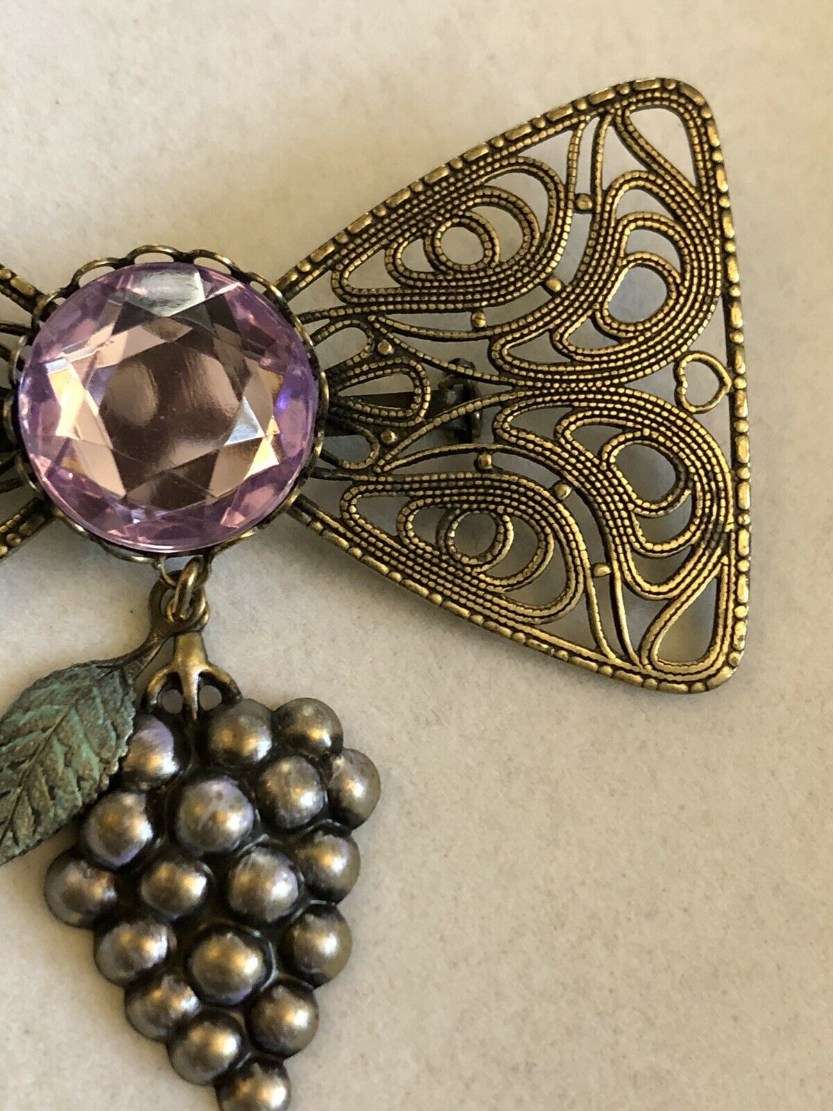 Vintage Large Bow Grapes Etruscan Brooch