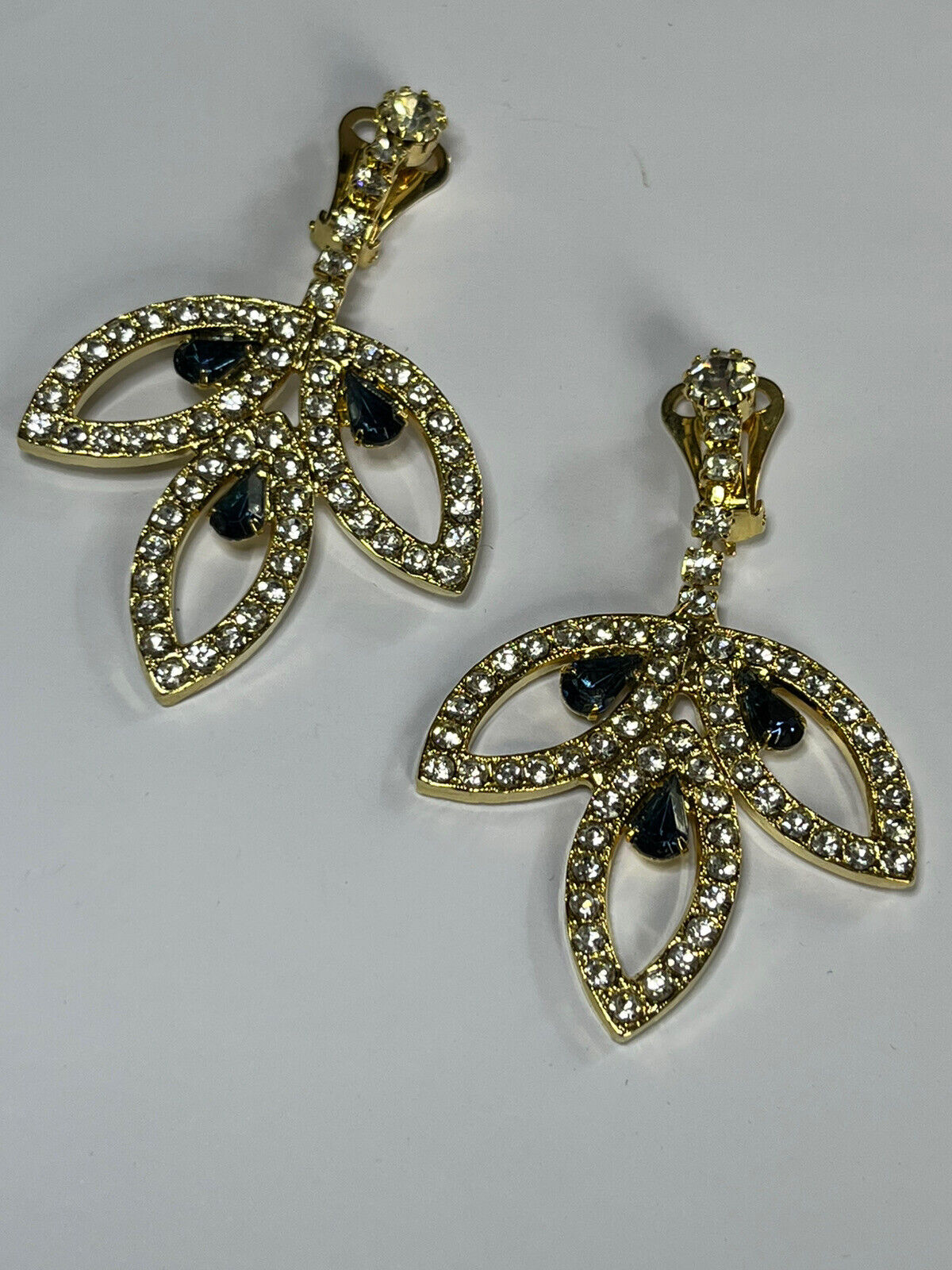 Vintage Gold Tone Blue Clear Diamanté Drop Clip On Earrings