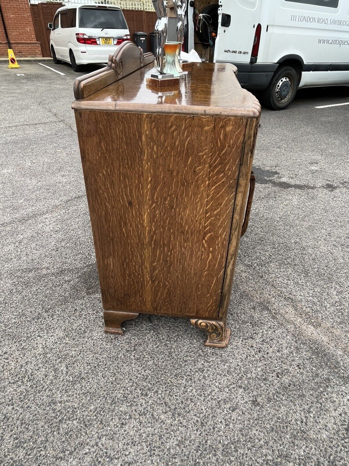 Art Deco Oak Sideboard. Circa 1930’s. Carved With Flowers . Lots Of Storage.