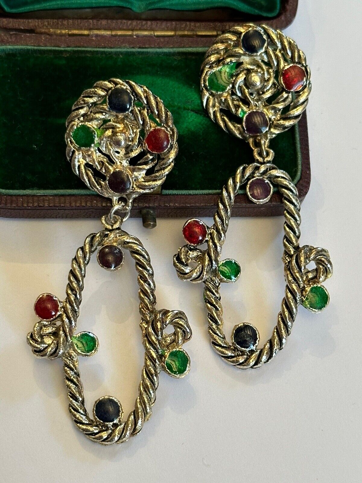 Vintage Silver Tone Statement Red Green Black Enamel Drop Earrings