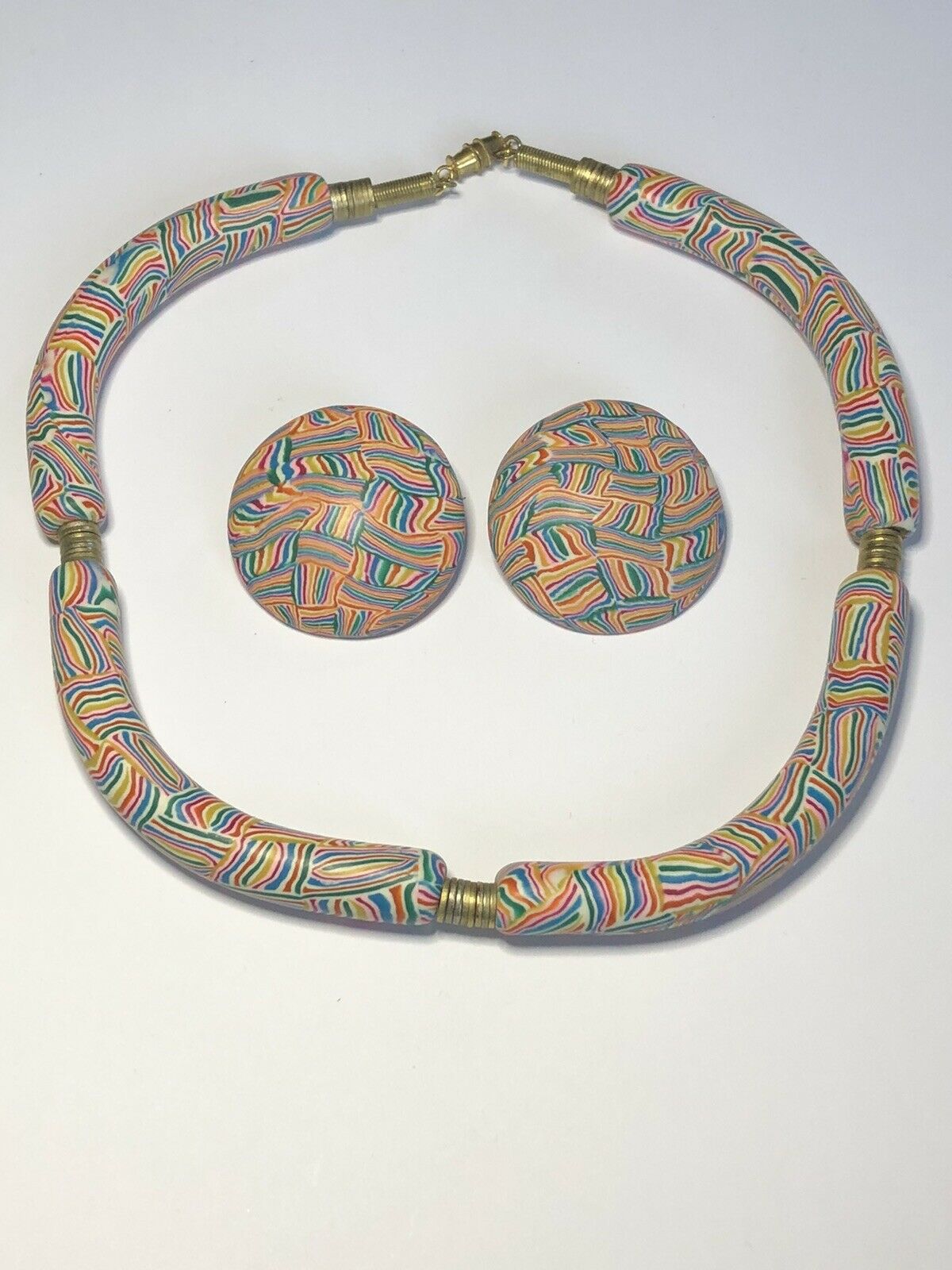 Vintage Unique Multicoloured Necklace And Clip On Earring Set