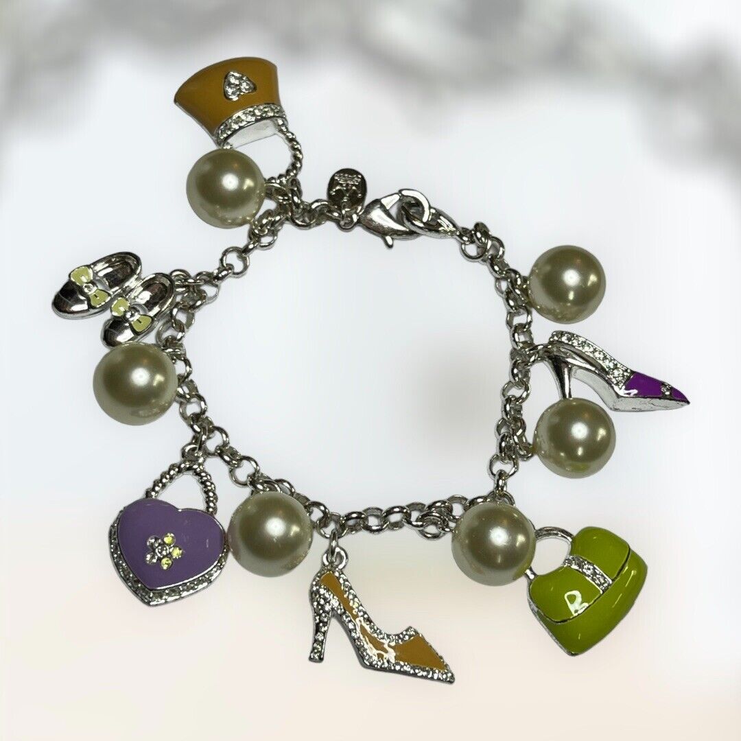 Vintage Signed Silver Tone Enamel Shoes Bag Charm Bracelet