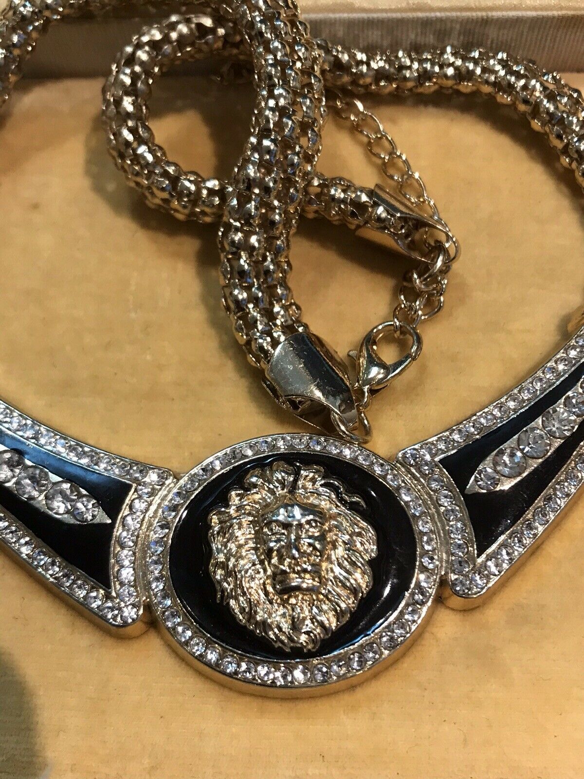 Vintage 1980s Lion Black Enamel Diamanté Necklace
