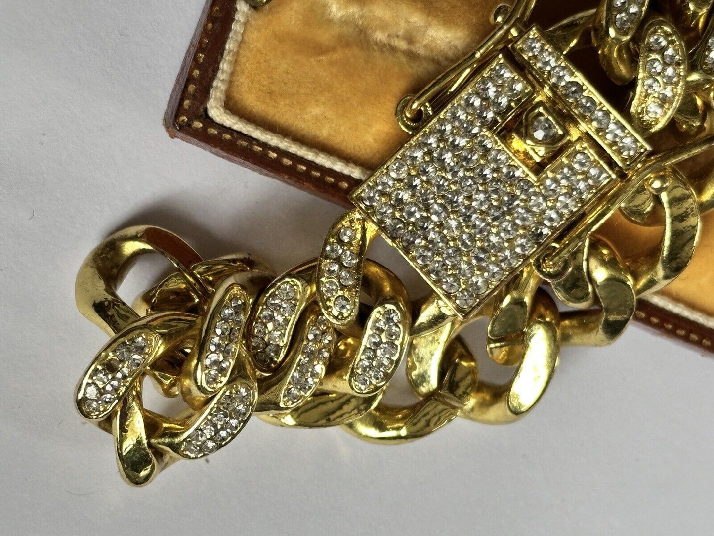 Vintage 1980s Gold Plated Diamanté Link Substantial Bracelet With Safety Catches