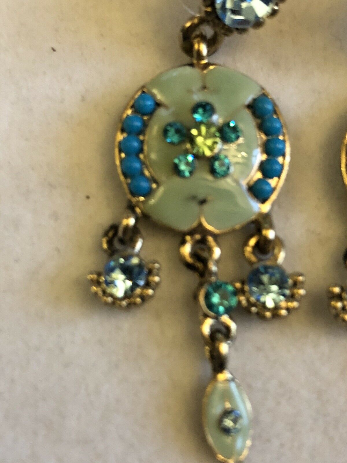 Vintage Enamelled Flowers Blue Greens Diamanté Drop Earrings