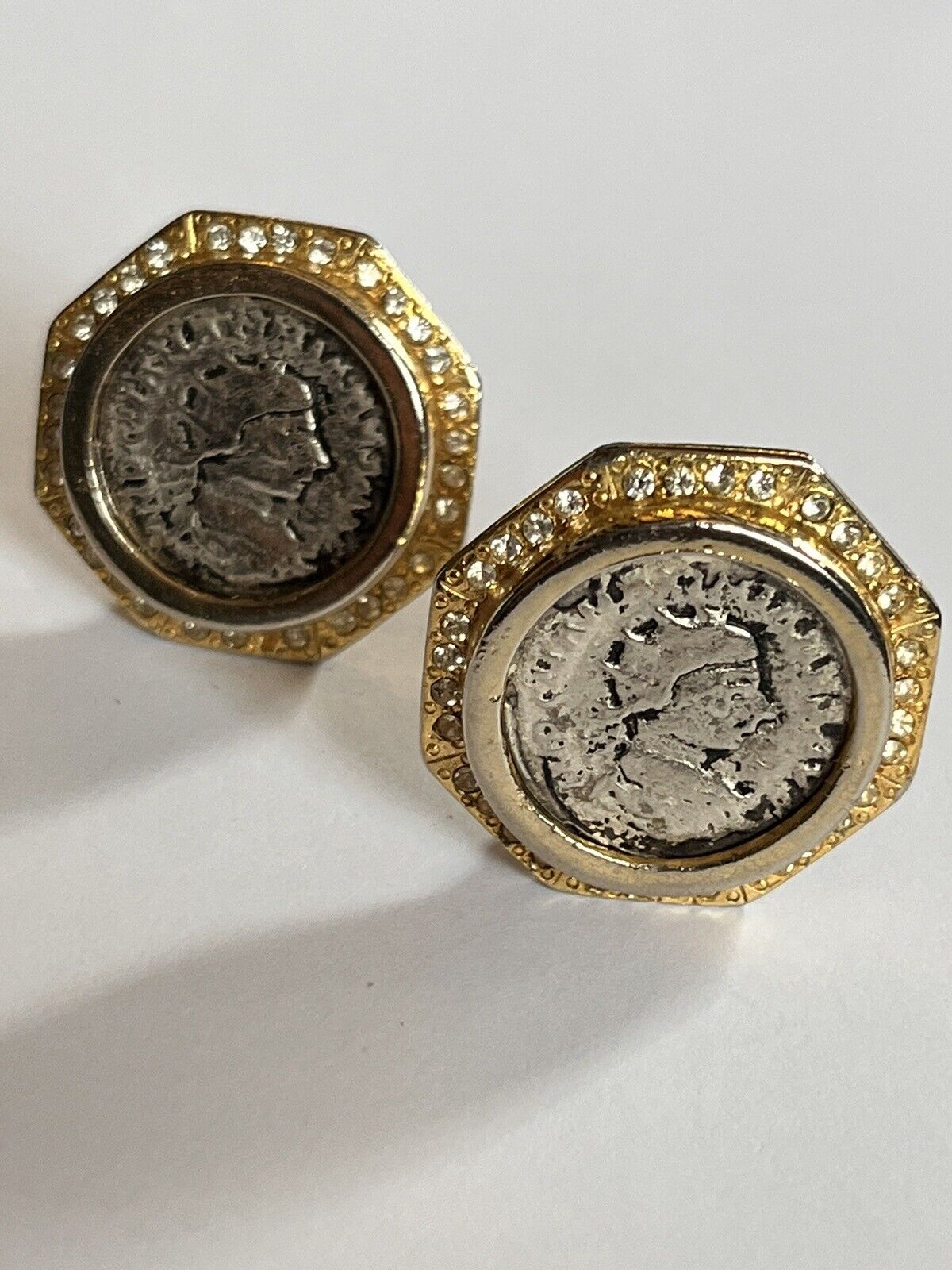 Vintage Gold Silver Tone Etruscan Coin Clip On Earrings Numbered