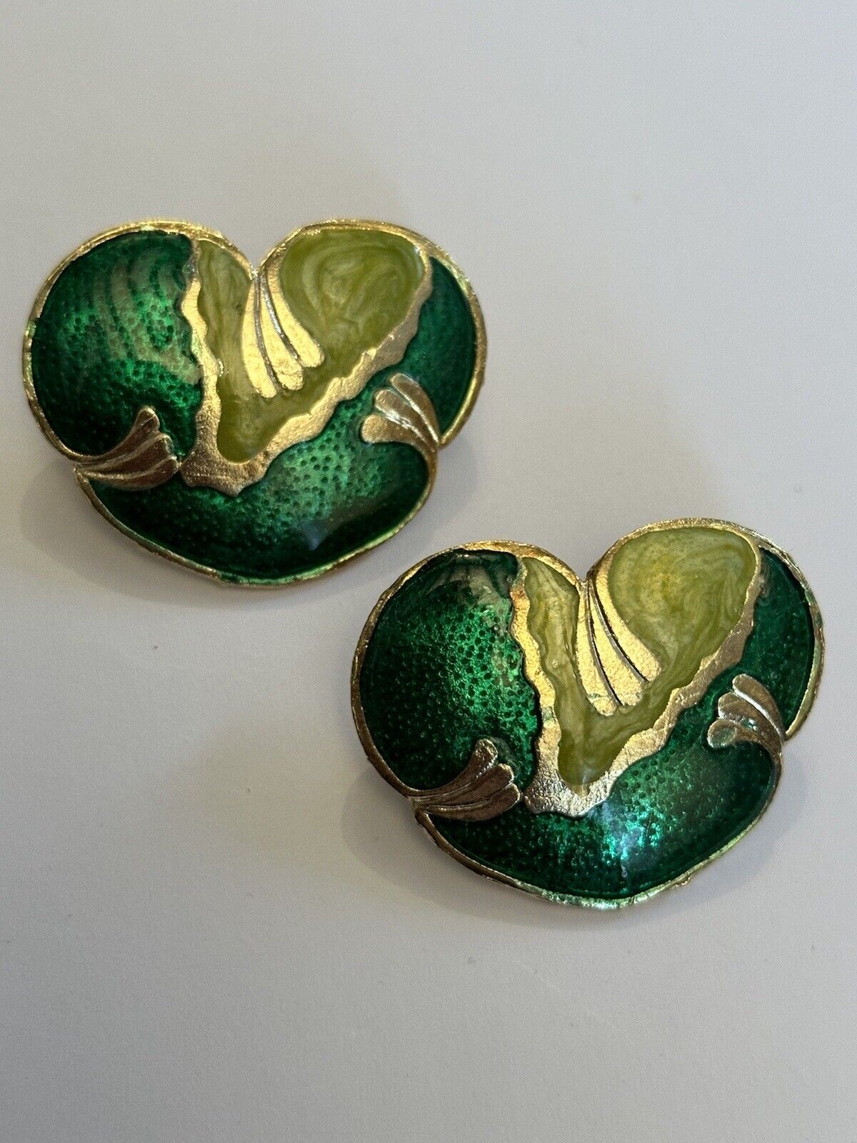 Vintage Gold Tone Green Enamel Statement Earrings