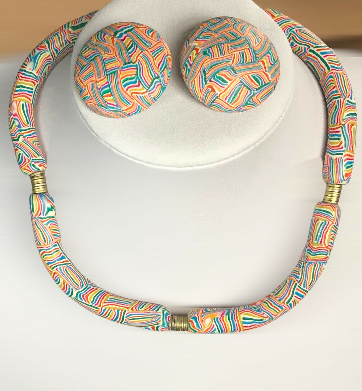 Vintage Unique Multicoloured Necklace And Clip On Earring Set