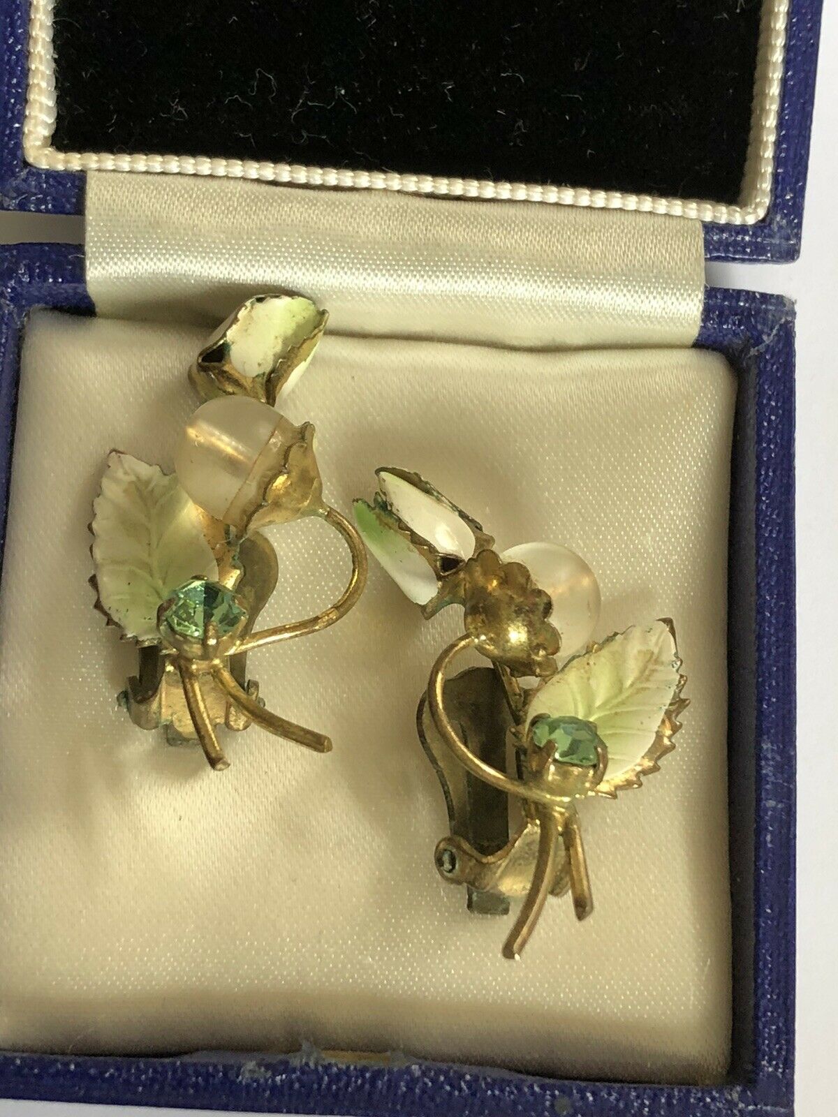 Vintage Early Enamelled Bead Flowers Clip on Earrings