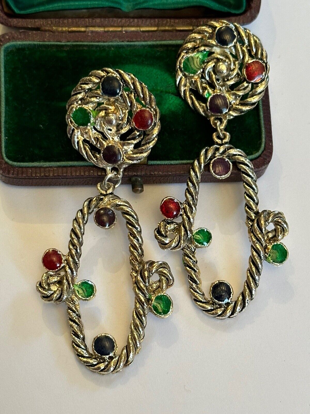 Vintage Silver Tone Statement Red Green Black Enamel Drop Earrings