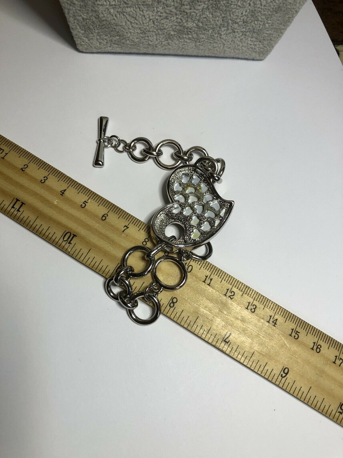 Vintage Silver Tone Glass Heart Diamanté Toggle Bracelet