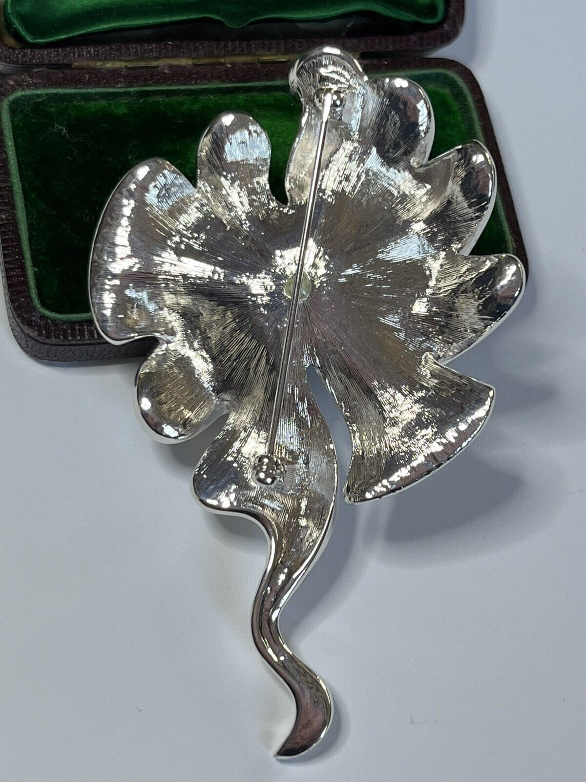 Vintage Statement Flower Rhodium Plated Green Faux Pearl And Diamanté Brooch