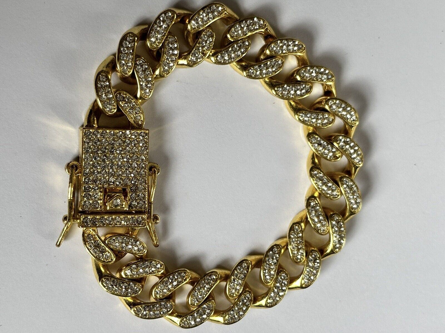 Vintage 1980s Gold Plated Diamanté Link Substantial Bracelet With Safety Catches