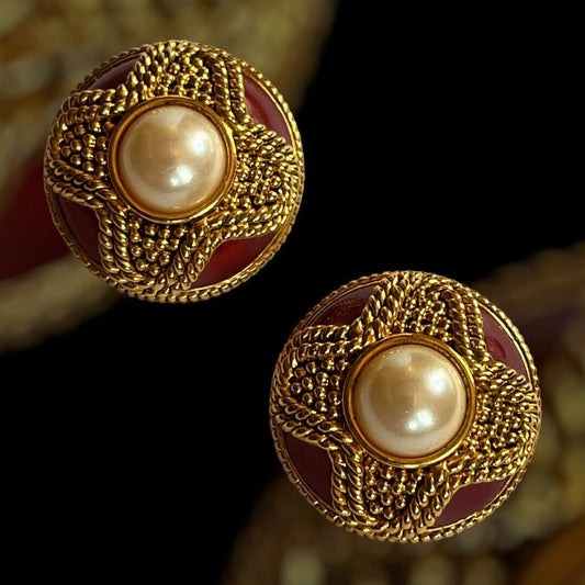Vintage Gold Tone Red Faux Pearl Clip On Earrings