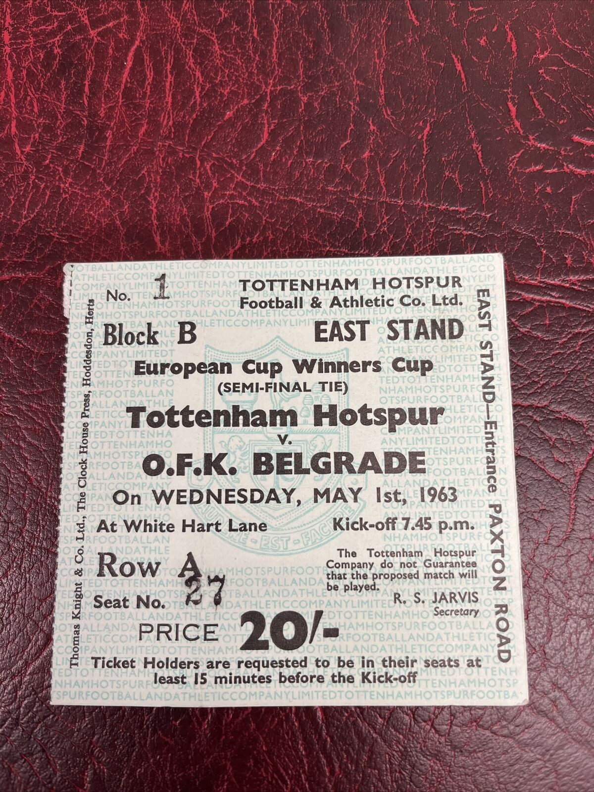 Tottenham Hotspur V O F K Belgrade Semi Final European Cup Ticket