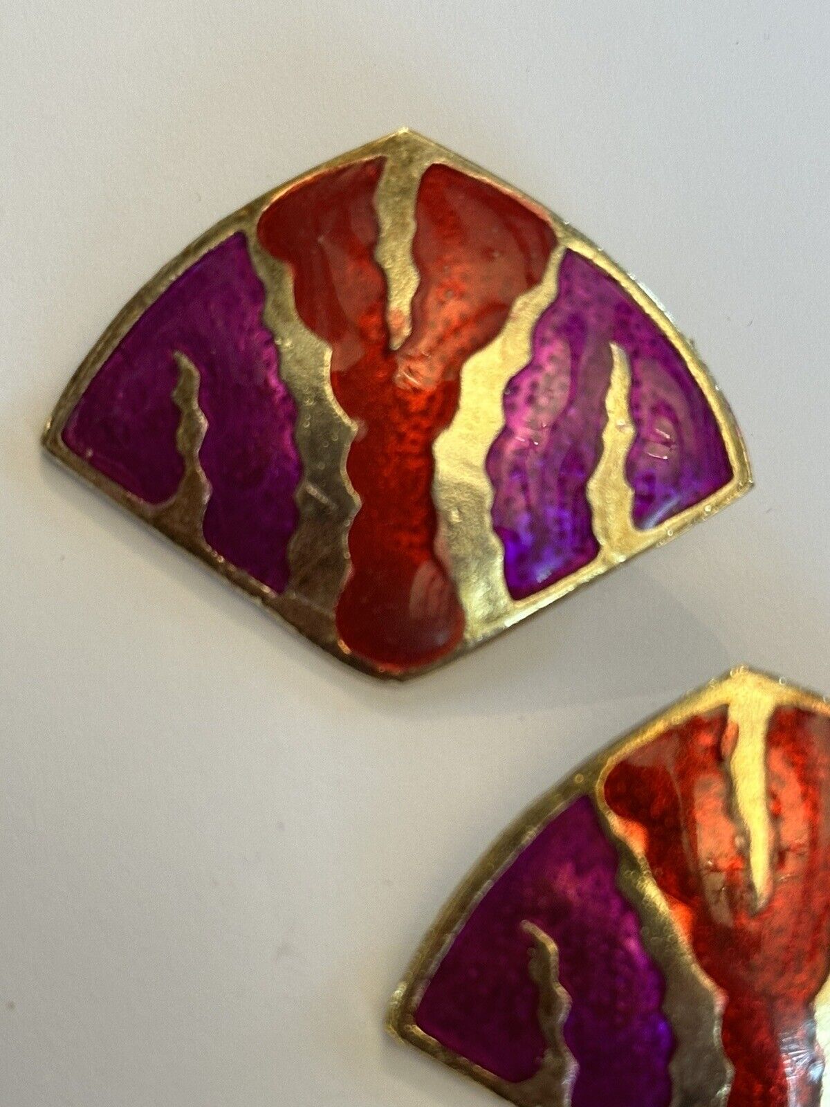 Vintage Gold Tone Red Pink Enamel Statement Earrings