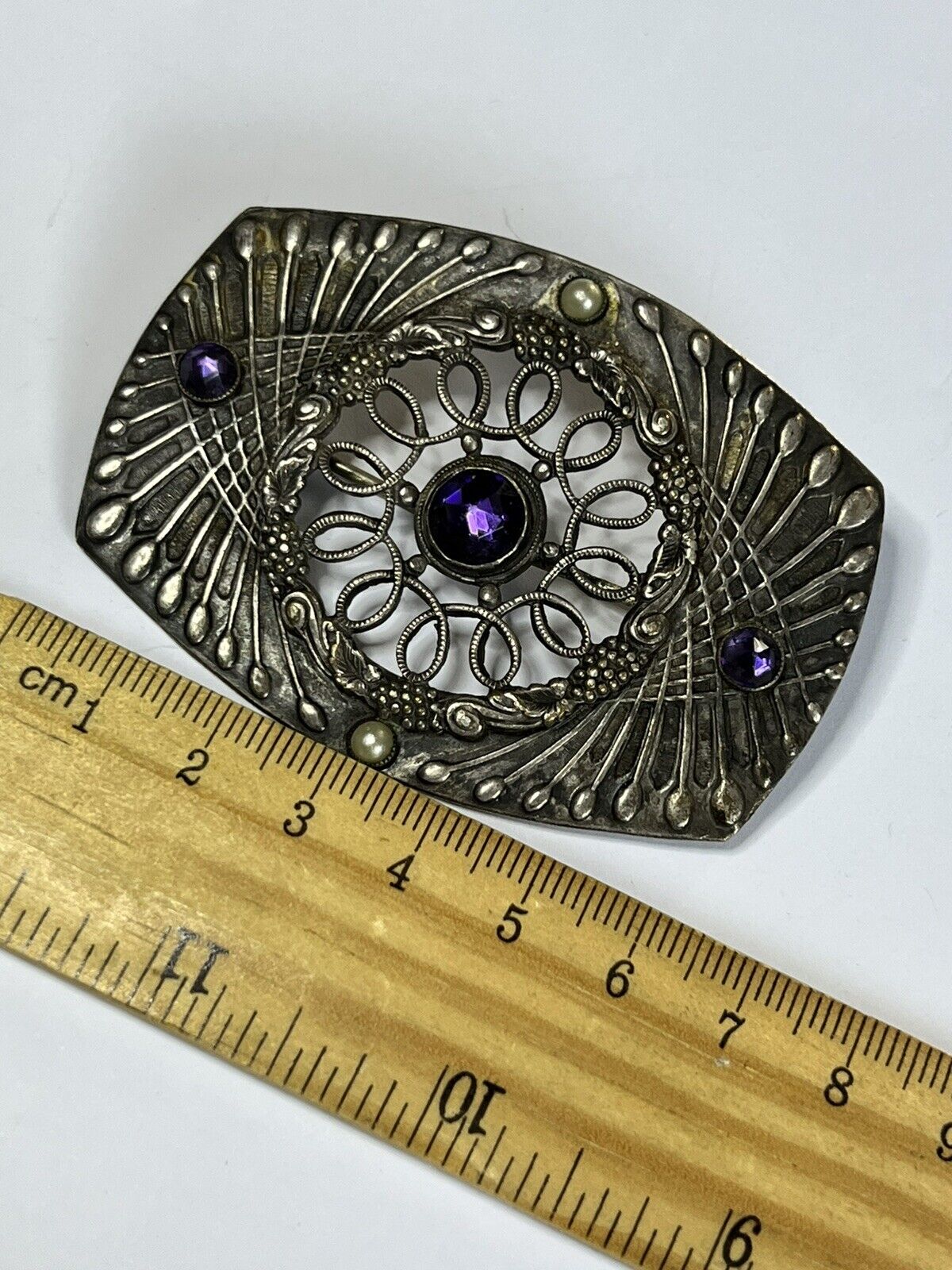 Vintage Silver Tone Purple Stone Faux Pearl Brooch