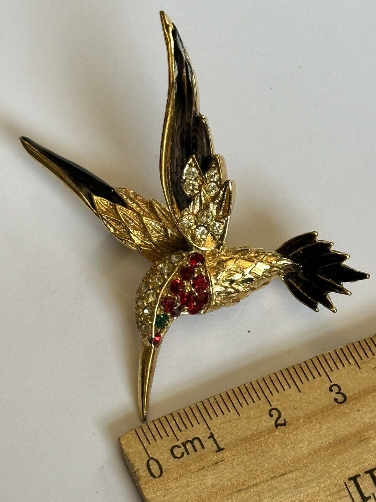 Vintage Gold Plated Red Diamanté Black Enamel Bird Brooch