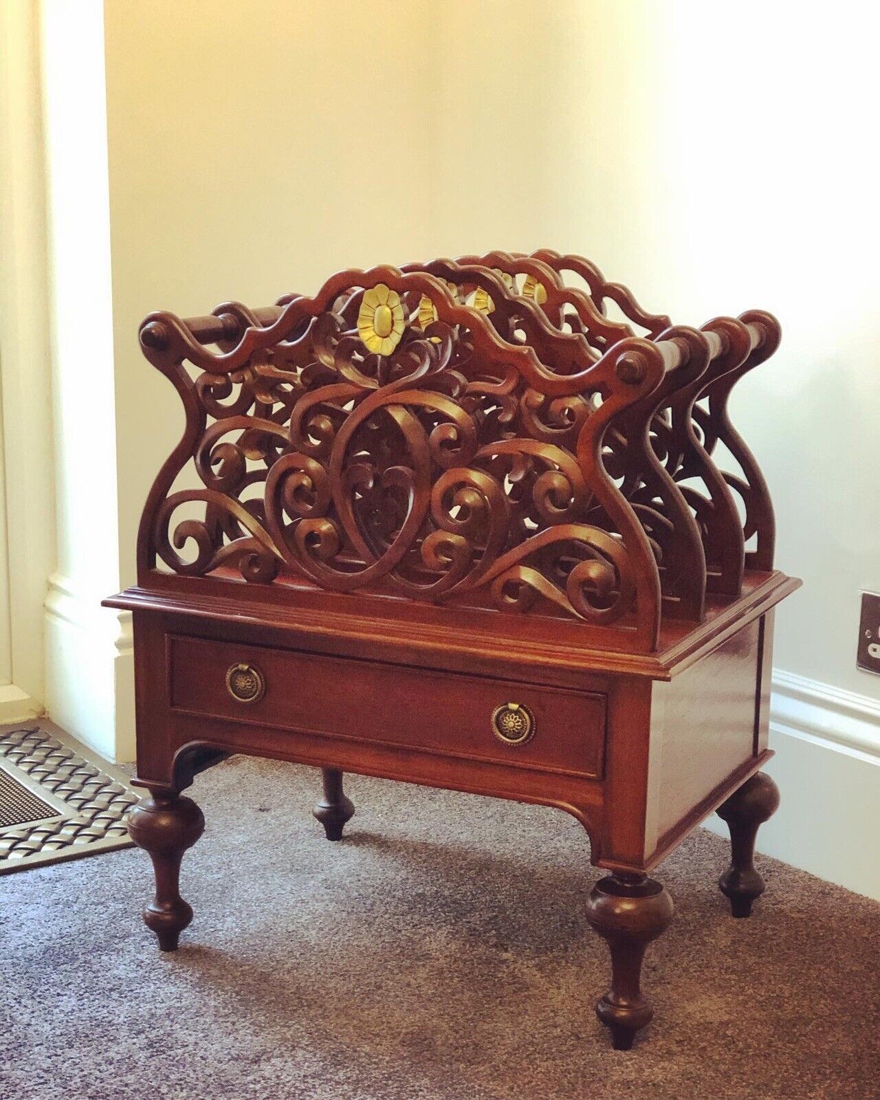 Mahogany Canterbury Magazine Rack With Drawer
