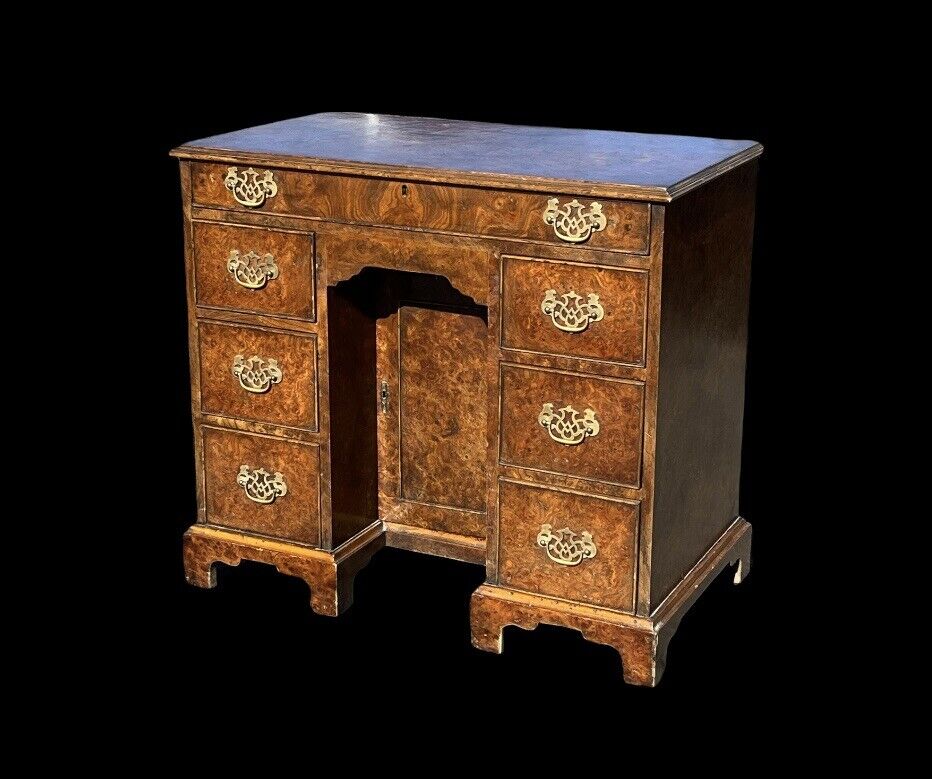 Burr Walnut Kneehole Desk. With Brass Handles And On Bracket Feet