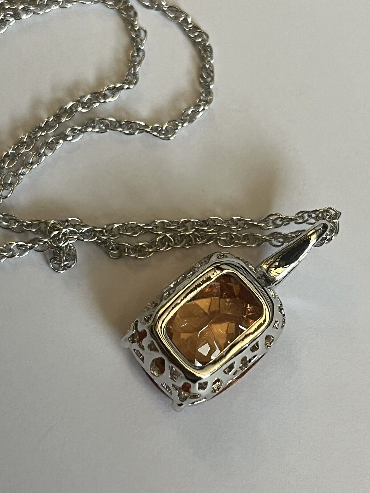 Vintage 1980s Rhodium Plated Solitaire Orange Crystal Necklace New Old Stock
