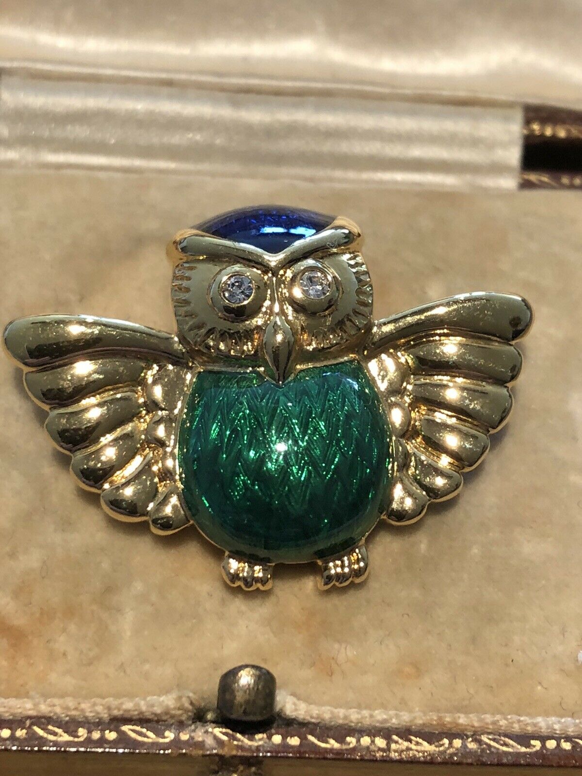 Vintage Gold Tone Diamanté Enamelled Owl Brooch